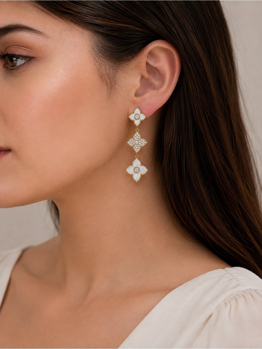 Italian Luxury Gold Tone White Enamel Clover Crystal Dangle Drop Earrings  NWOT